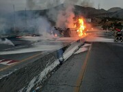 تخریب آسفالت و بخشی از پل جاجرود در حادثه واژگونی تانکر سوخت