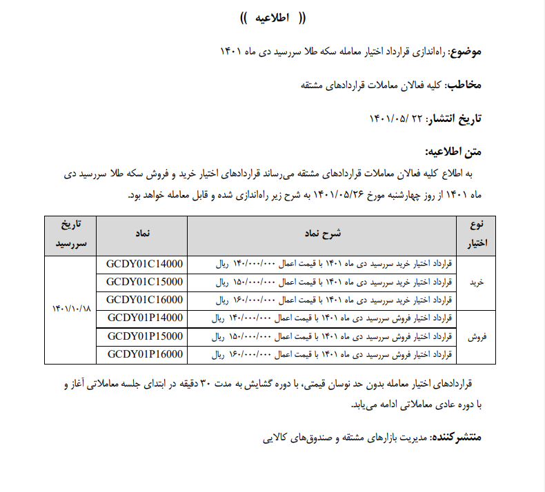 قرارداد جدید اختیار معامله سکه، از چهارشنبه آماده معامله است