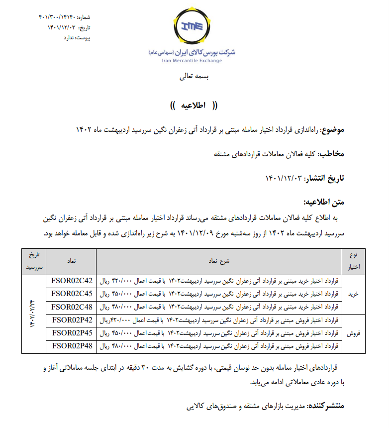 راه اندازی اختیار آتی زعفران نگین با سررسید اردیبهشت ۱۴۰۲