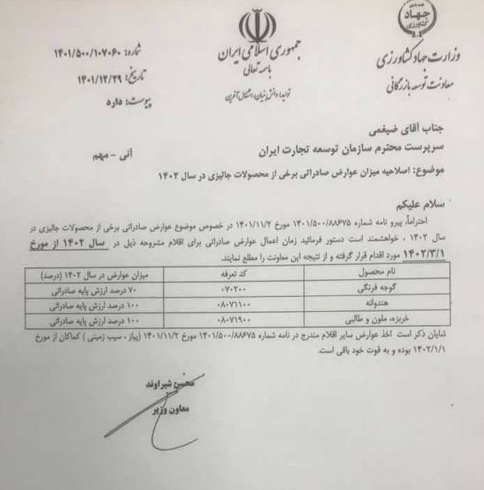 اعلام عوارض صادراتی گوجه، هندوانه، خربزه ملون و طالبی در سال ۱۴۰۲