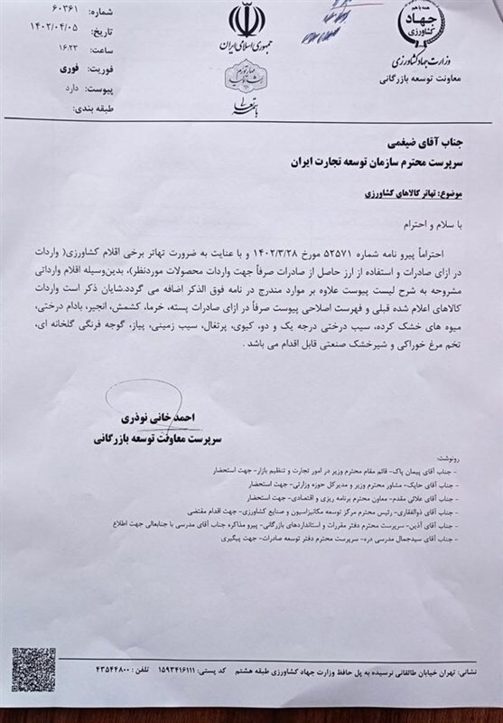 لیست جدید محصولات کشاورزی مشمول تهاتر اعلام شد