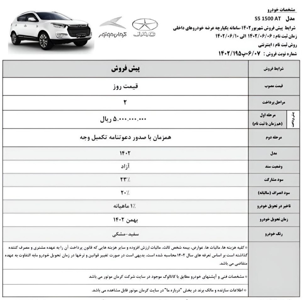 طرح فروش کرمان موتور شهریور ۱۴۰۲