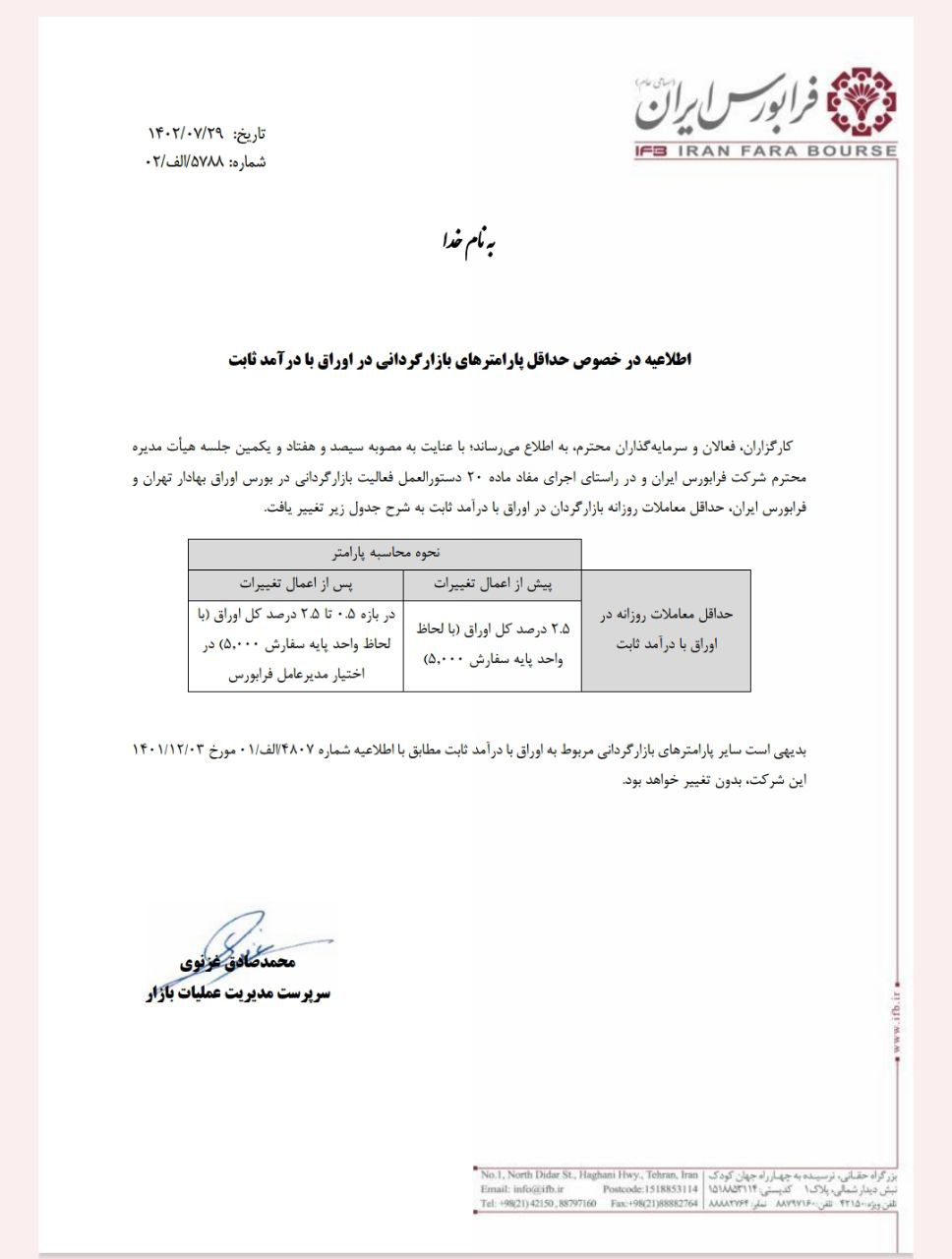 اطلاعیه در خصوص حداقل پارامترهای بازارگردانی در اوراق با درآمد ثابت