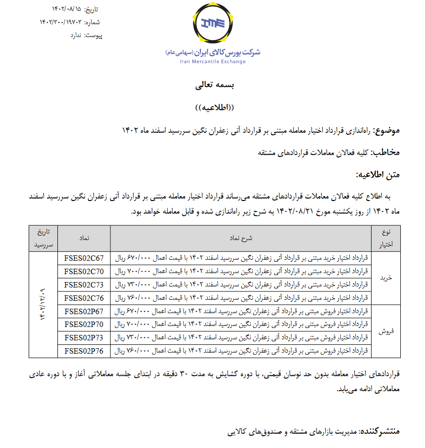 راهاندازی اختیار آتی زعفران نگین سررسید اسفند ۱۴۰۲ از یکشنبه آینده