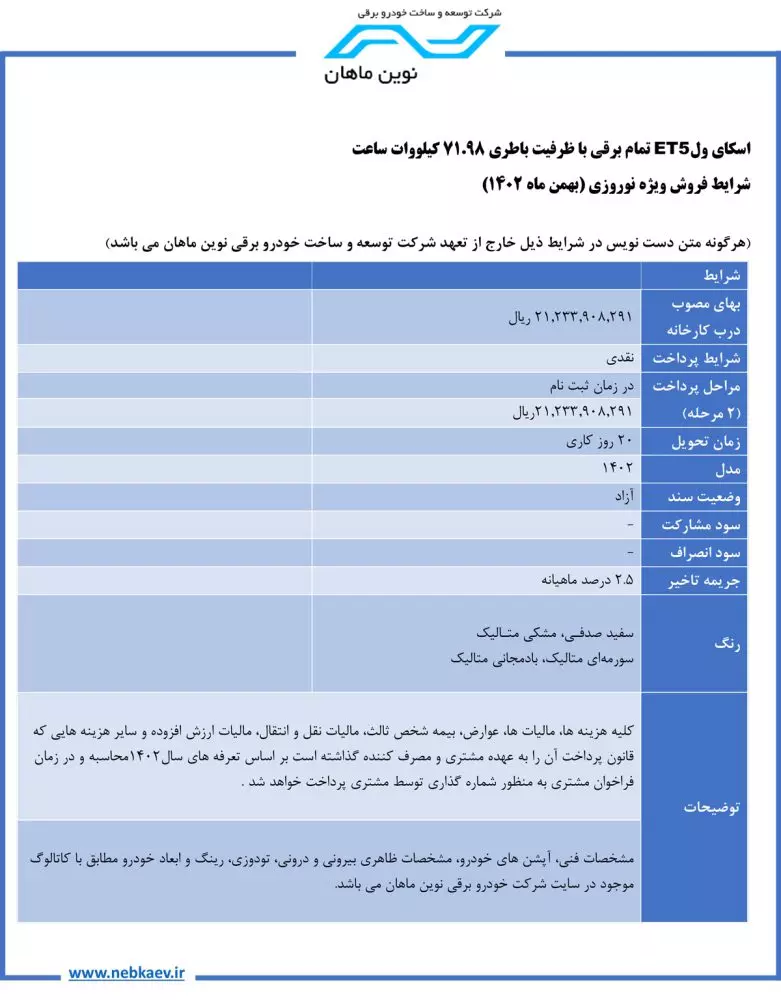 شرایط فروش خودرو برقی اسکای ول ET۵