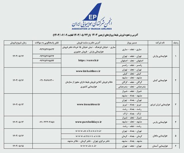 جزئیات پیشفروش بلیت پروازهای اربعین