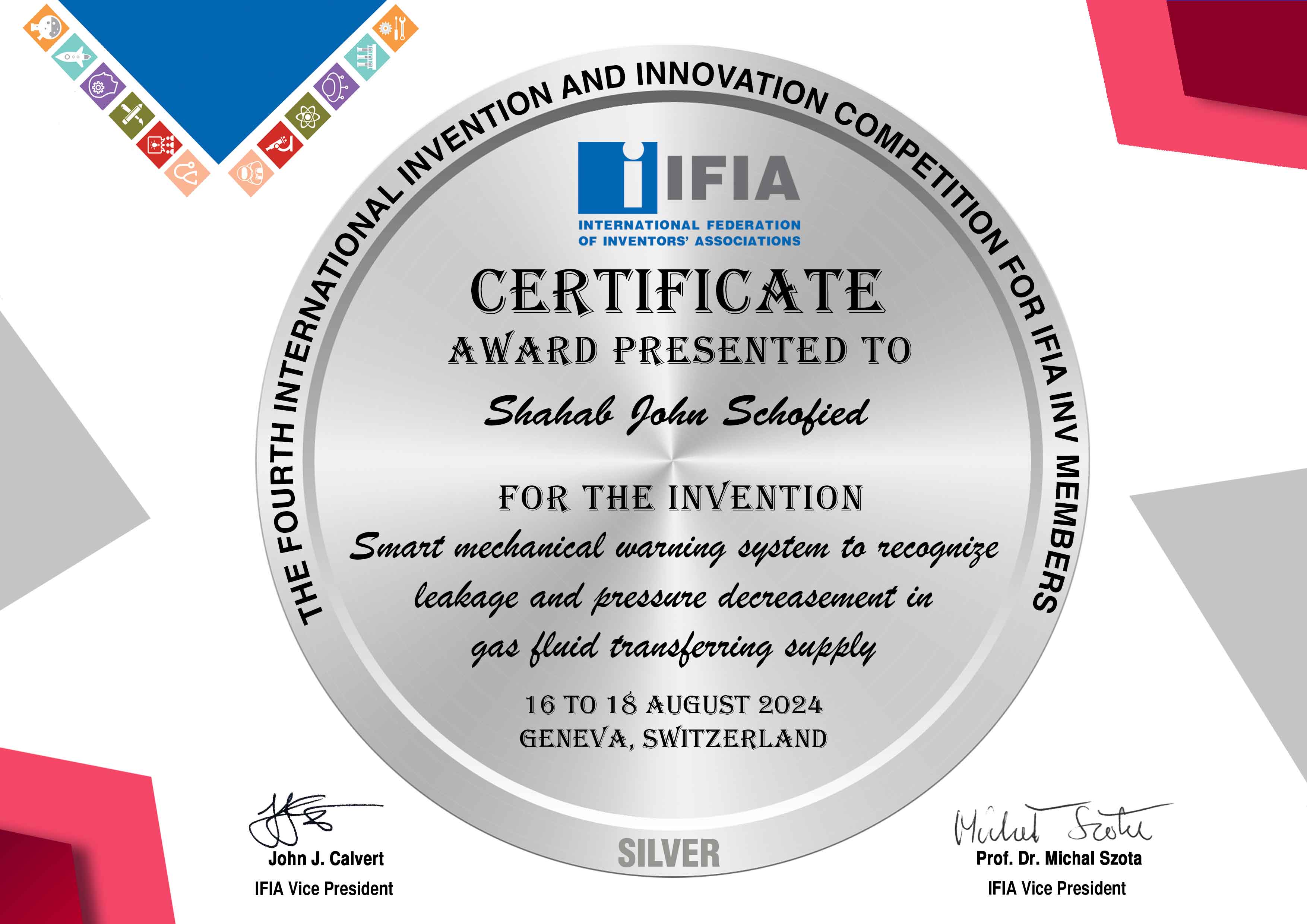 کسب مدال نقره مسابقات بینالمللی اعضای فدراسیون جهانی مخترعین توسط مخترع و محقق جوان ایرانی