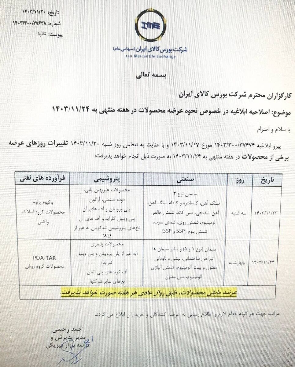 اطلاعیه بورس کالا در خصوص نحوه عرضه محصولات در هفته جاری