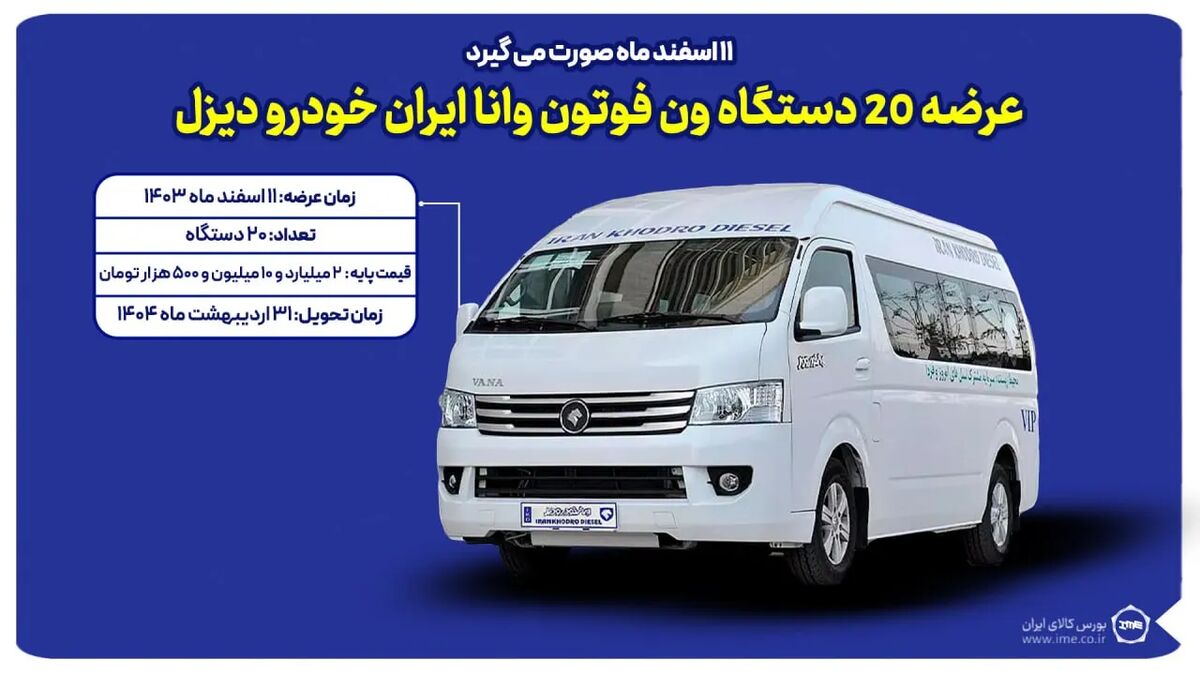 ۲۰ دستگاه ون فوتون وانا در تالار خودرویی بورس کالا عرضه میشود