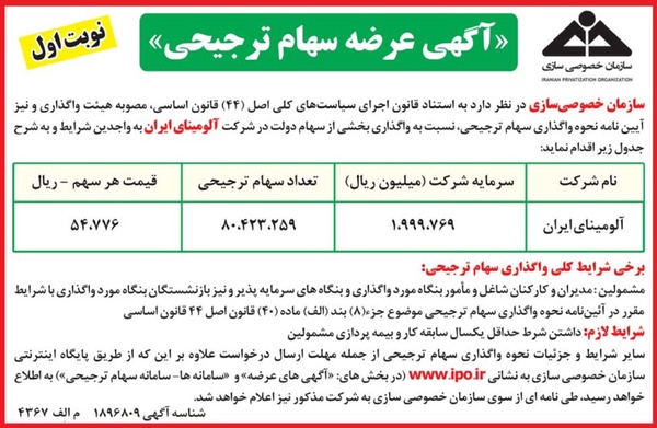 عرضه سهام ترجیحی شرکت آلومینای ایران