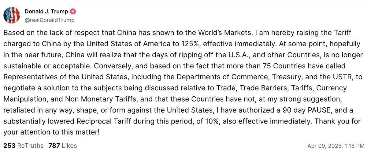 ترامپ: تعرفه همه کشورها را به جز چین موقتاً و به مدت ۹۰ روز تعلیق کردم