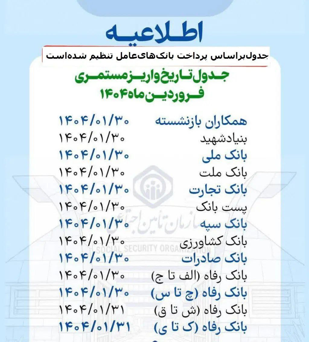 جدول زمانبندی واریز حقوق بازنشستگان به تفکیک بانکهای عامل