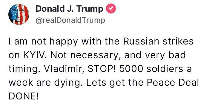 ترامپ: ولادیمیر تمامش کن! بیا توافق صلح را به نتیجه برسانیم