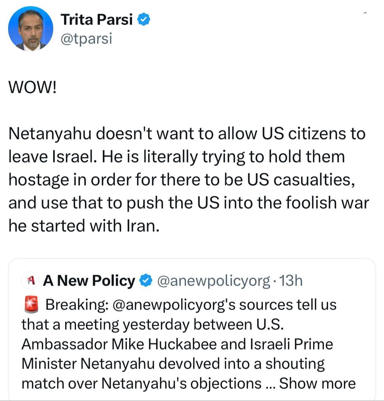 تریتا پارسی: نتانیاهو شهروندان آمریکایی مستقر در اسراییل را به گروگان گرفته است!