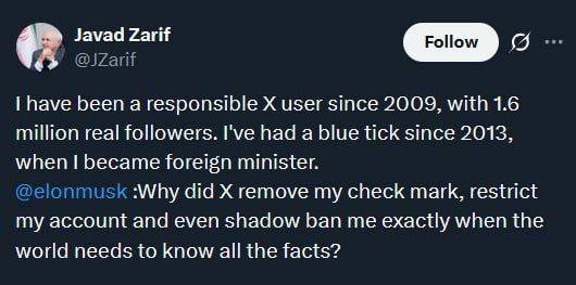 واکنش ظریف به محدود شدن حساب توئیترش از ابتدای جنگ تحمیلی اسرائیل