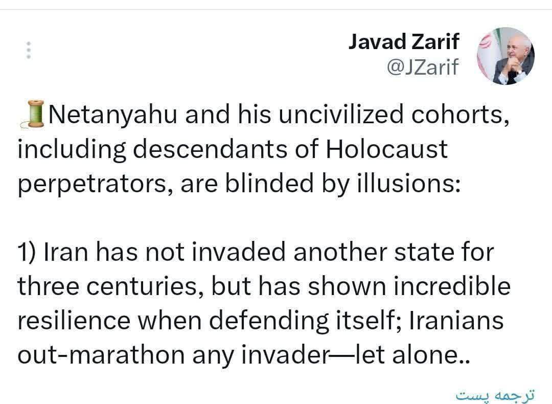 ظریف: ایرانیان هر مهاجمی را از میدان به در میکنند چه رسد به یک بزدل نسل کش