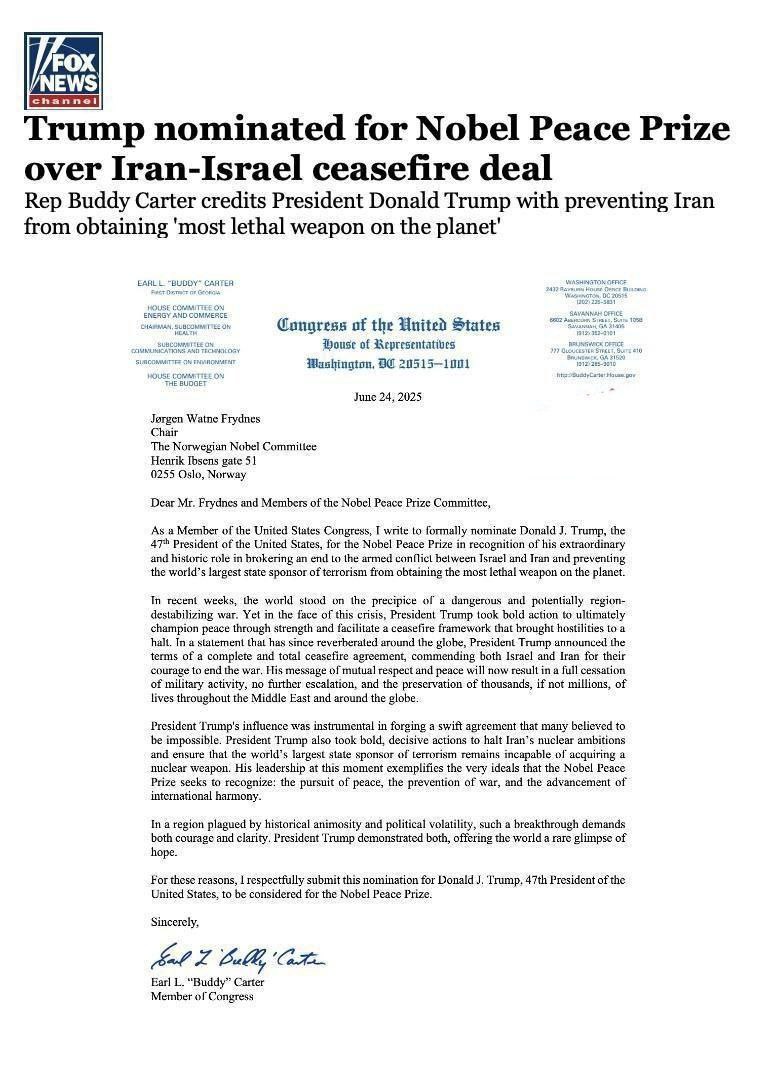 ترامپ نامزدی خودش برای صلح نوبل رو اعلام کرد!