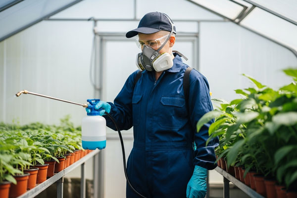 فردی در حال سمپاشی با ماسک، دستکش و لباس ایمنی