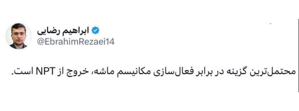رضایی: مکانیسم ماشه فعال شود از NPT خارج می شویم