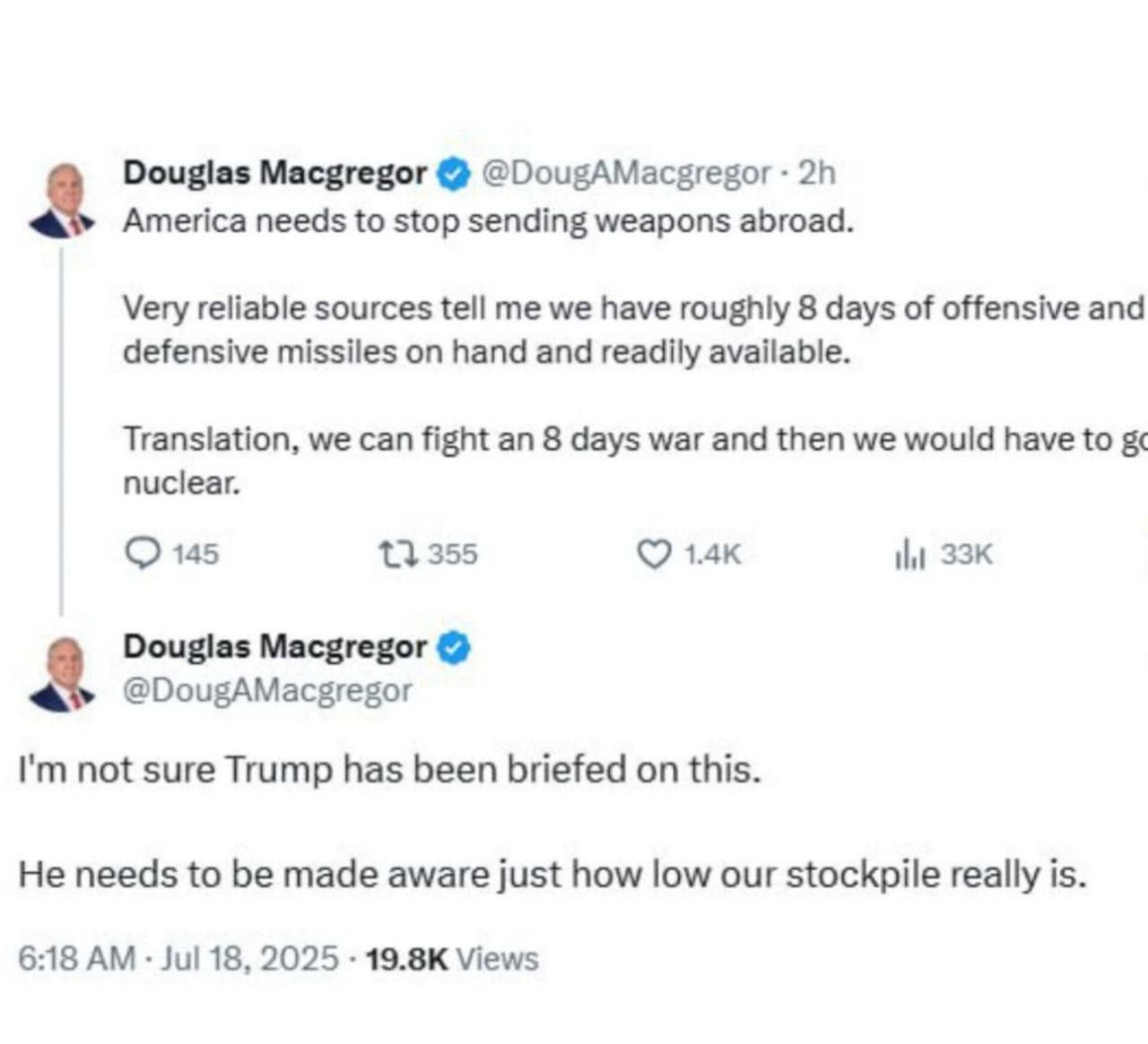 آمریکا تنها برای یک جنگ ۸ روزه موشک کافی دارد