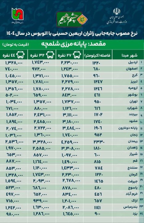 اعلام نرخ مصوب بلیط اتوبوس برای سفرهای اربعین به مرز شلمچه اعلام نرخ مصوب بلیط اتوبوس برای سفرهای اربعین به مرز شلمچه