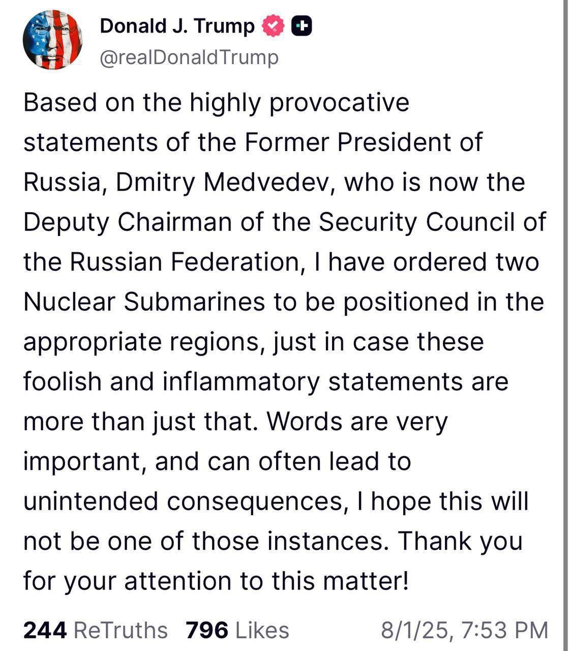 ترامپ: در صورت لزوم، زیردریاییهای هستهای آماده اقدام علیه روسیهاند