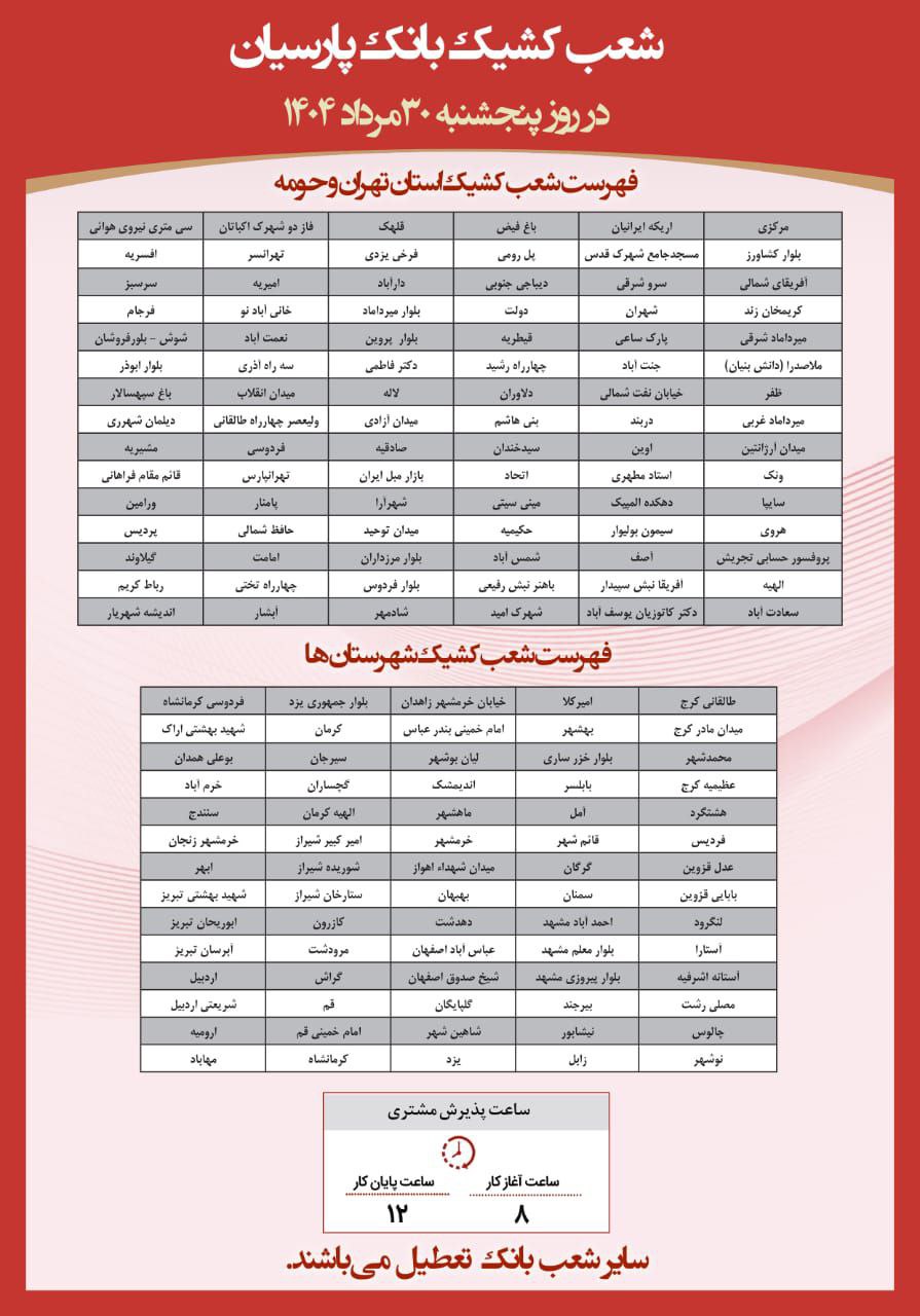 فهرست شعب کشیک بانک پارسیان در روز پنج‌شنبه ۳۰ مردادماه