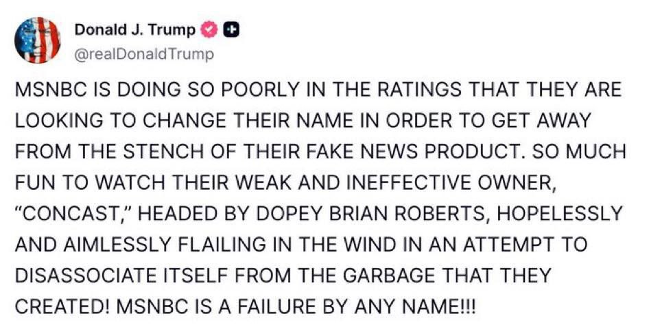 حمله تند ترامپ به رسانه آمریکایی MSNBC: «شبکهای با بوی تعفن اخبار جعلی»
