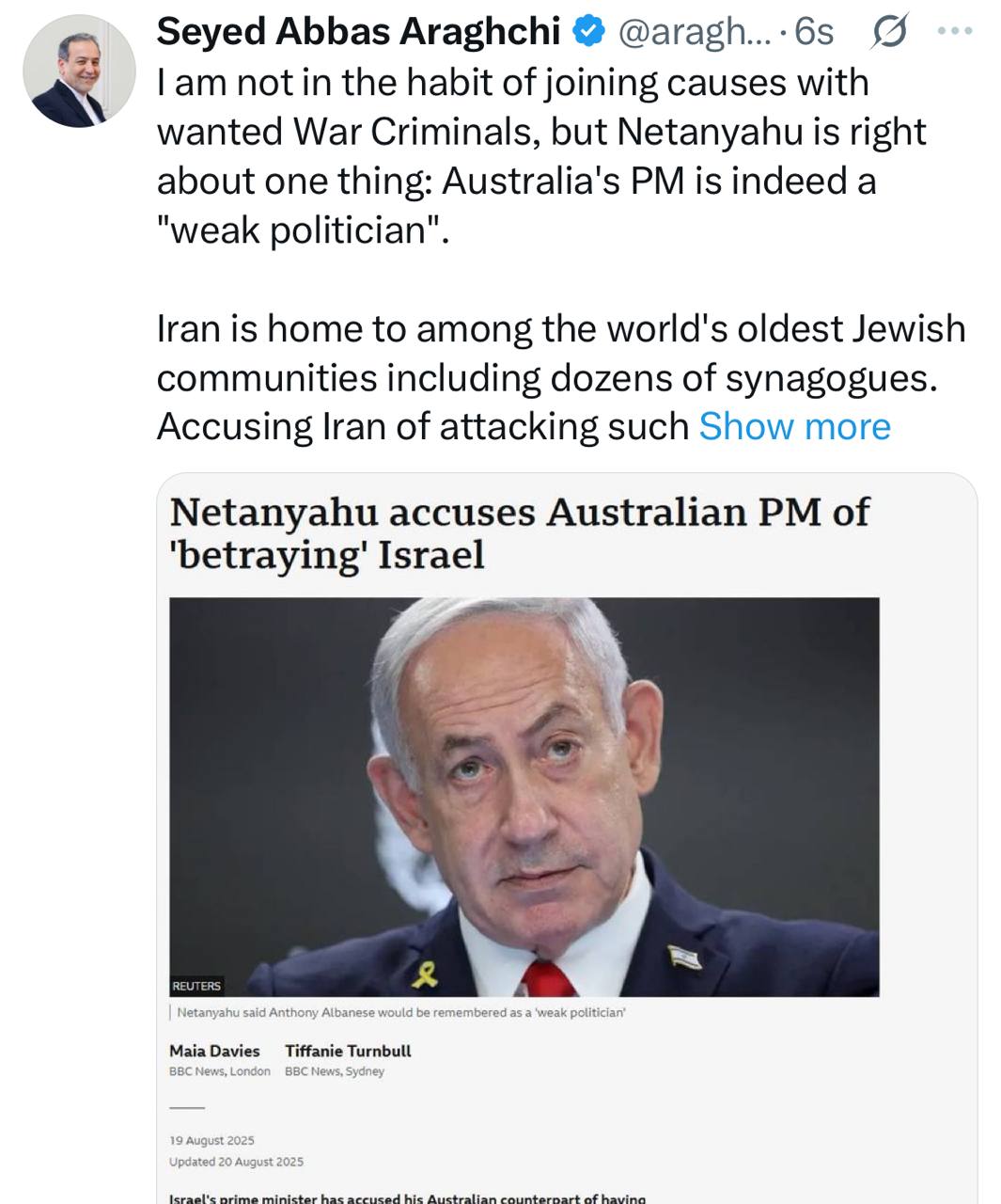 واکنش سید عباس عراقچی وزیر خارجه به اقدام دولت استرالیا