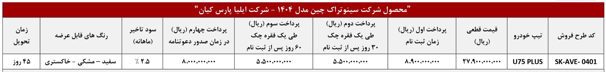 اولین شرایط پیش فروش نقدی و اعتباری اونترا U۷۵ پلاس (مهر ۱۴۰۴)