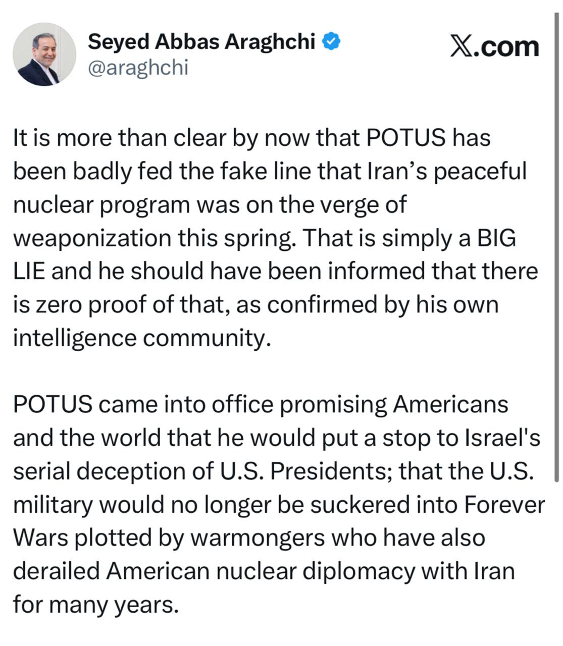 عراقچی: ترامپ یا میتواند رئیسجمهور صلح باشد یا رئیسجمهور جنگ