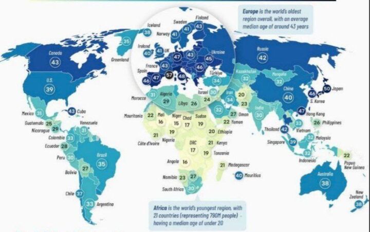 نقشه میانگین سن جهان؛ ژاپن با ۴۵ سال پیرترین و نیجر جوانترین کشور دنیا نقشه میانگین سن جهان؛ ژاپن با ۴۵ سال پیرترین و نیجر جوانترین کشور دنیا