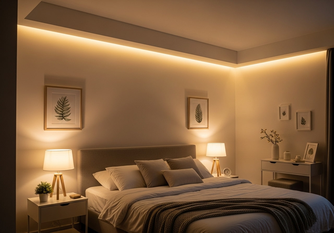 آباژور رومیزی و نور مخفی برای ایجاد فضای آرامش بخش در اتاق خواب