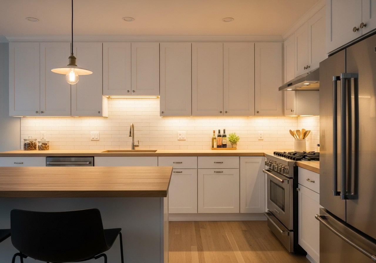 نوارهای LED و چراغ آویز برای نورپردازی کارآمد آشپزخانه