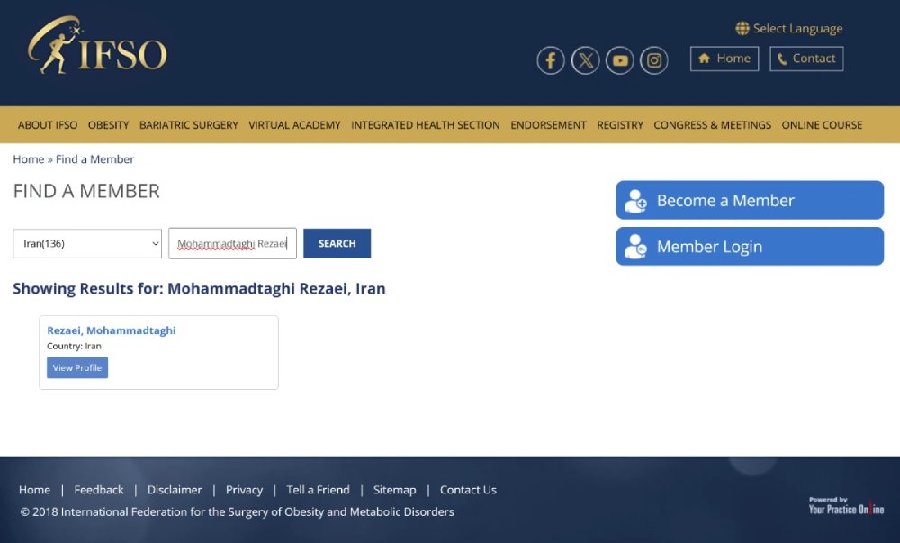 پروفایل دکتر محمدتقی رضایی فلوشیپ فوق تخصصی لاپاراسکوپی پیشرفته و جراحی چاقی و متابولیک به عنوان عضو فدراسیون بینالمللی جراحی چاقی و اختلالات متابولیک (IFSO)