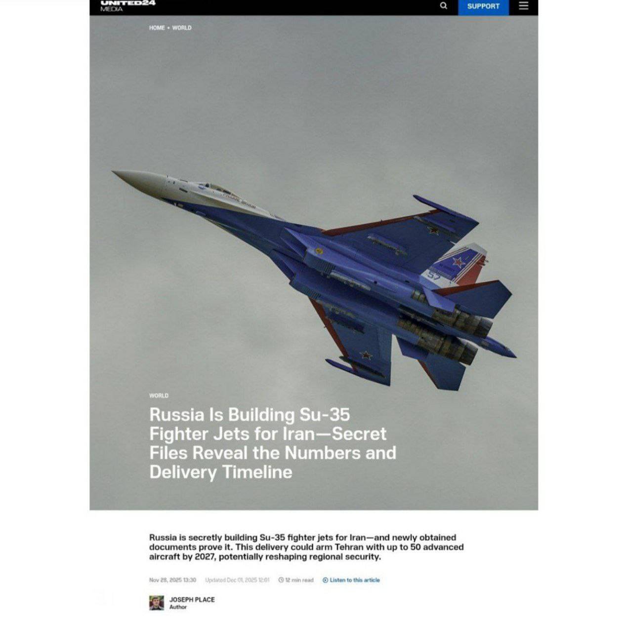 ادعای یونایتد۲۴: روسیه درحال ساخت جنگنده‌های سفارش ایران است