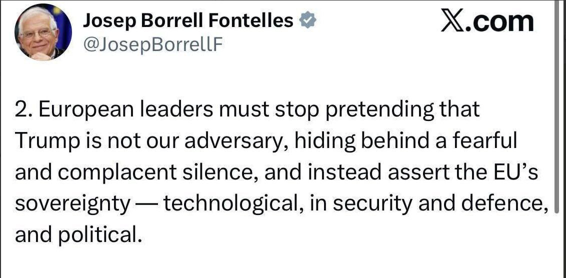 جوزپ بورل: اروپا، آمریکا را به عنوان دشمن به رسمیت بشناسند!