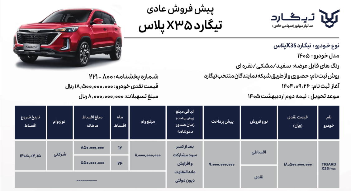 شرایط فروش تیگارد X۳۵