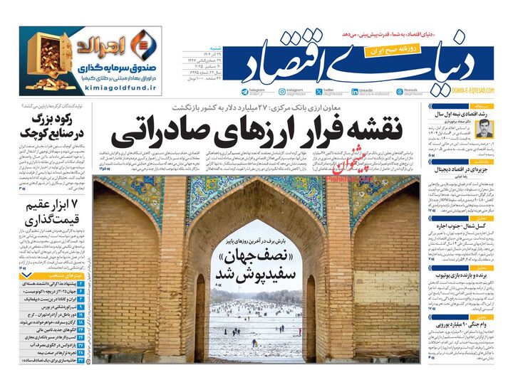 صفحه اول روزنامه های اقتصادی ۲۹ آذر ۱۴۰۴