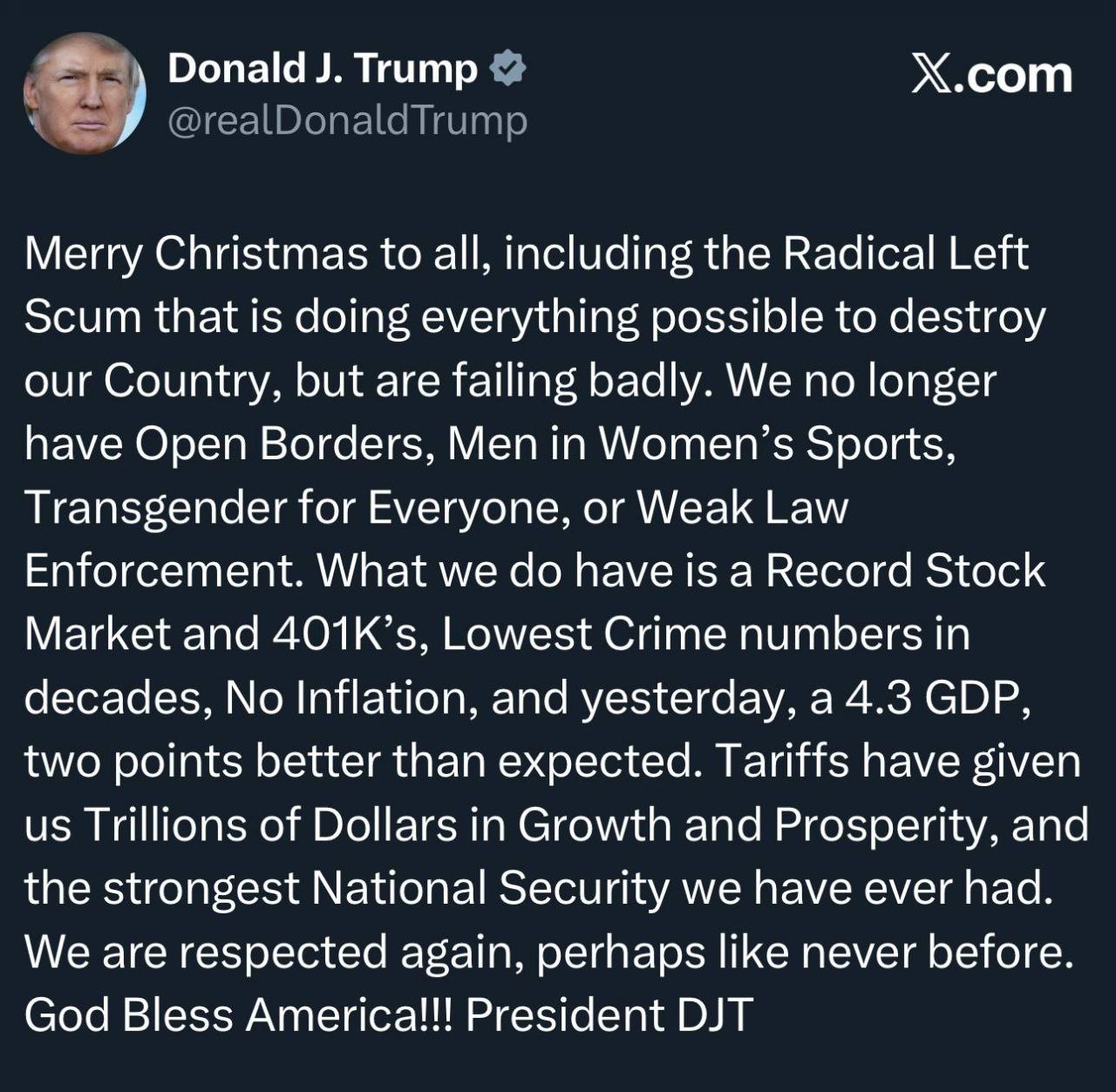 ترامپ در پیام کریسمس خود منتقدان را آشغال خطاب کرد!