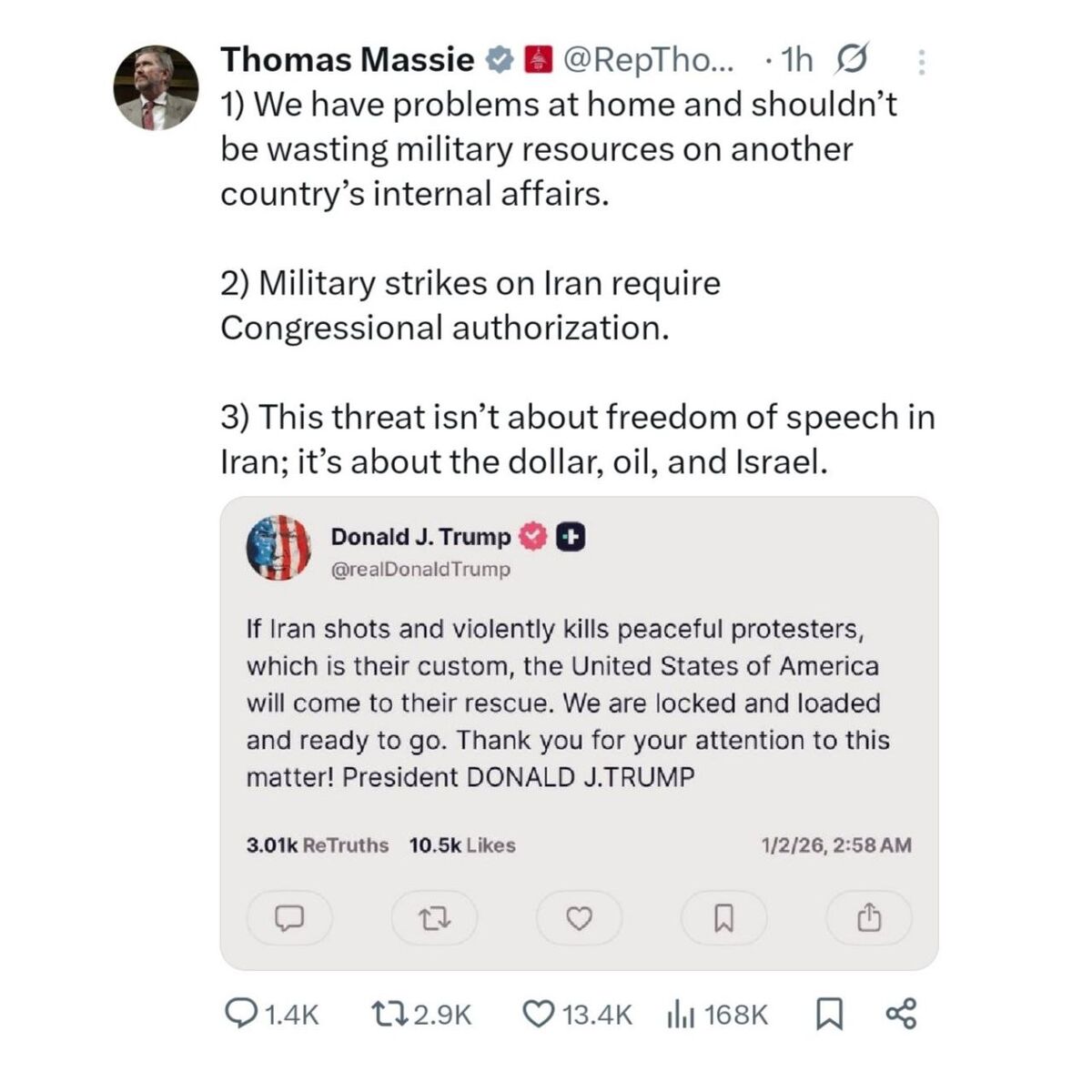 نماینده آمریکایی: ترامپ به دنبال منافع اسرائیل و نفت ایران است، نه آزادی بیان ایرانیها