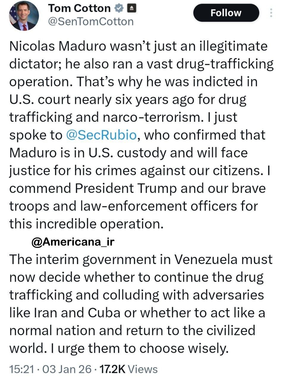 سناتور آمریکایی: دولت آینده ونزوئلا نباید با ایران ارتباط داشته باشد!