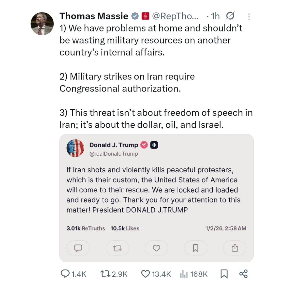 نماینده آمریکایی: ترامپ به دنبال منافع اسرائیل و نفت ایران است، نه آزادی بیان ایرانی‌ها