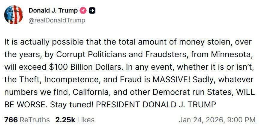 ترامپ: ۱۰۰ میلیارد دلار در مینه‌سوتا دزدیده شد