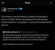 مالک تلگرام: باید بی‌عقل باشید که باور کنید واتس‌آپ امن است!