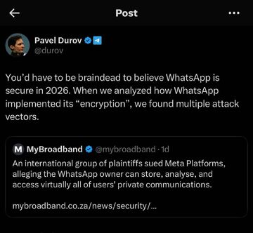 مالک تلگرام: باید بی‌عقل باشید که باور کنید واتس‌آپ امن است!