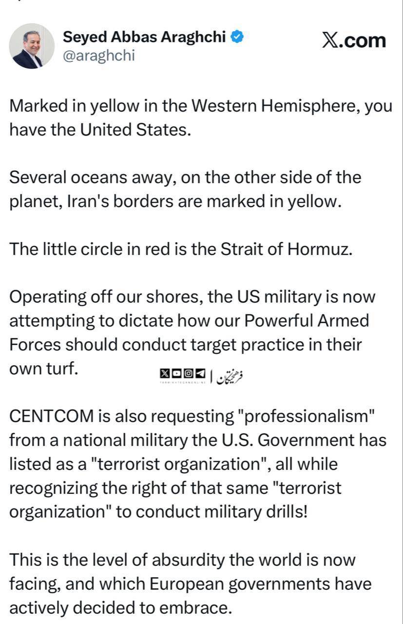 عراقچی: نتیجه حضور نیروهای فرامنطقهای در منطقهٔ ما همواره تشدید تنش بوده است