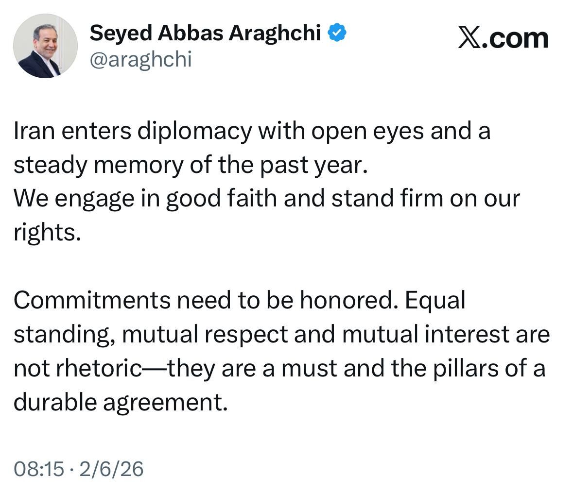 پیام سید عباس عراقچی وزیر امور خارجه پیش از شروع مذاکرات در مسقط