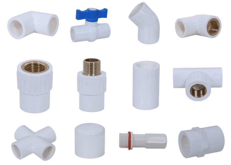 مجموعه اتصالات لوله پلی‌پروپیلن PPR شامل زانو، سه‌راهی، بوشن و شیر توپی با مغزی برنجی
