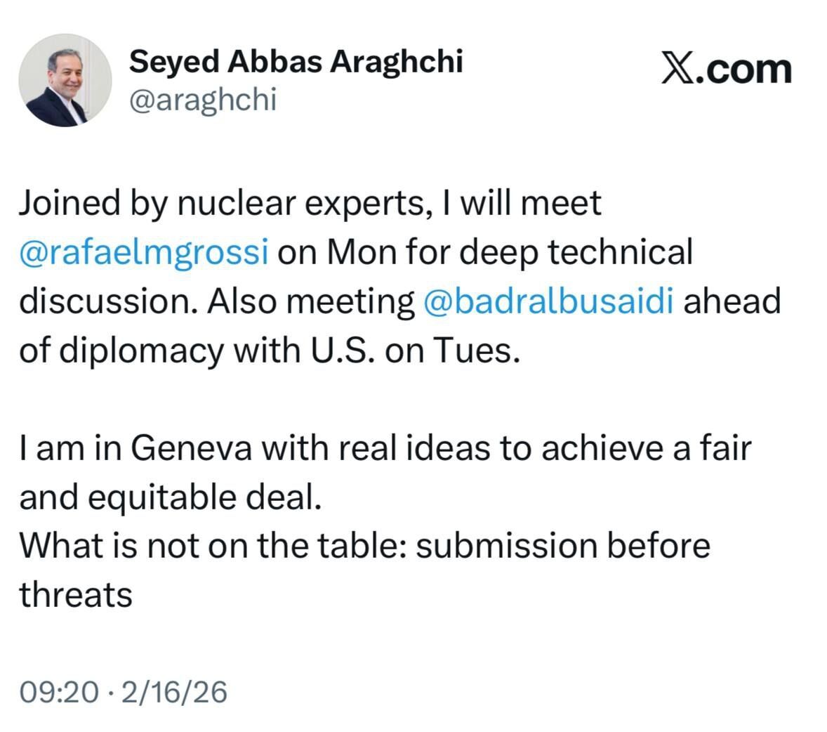 عراقچی دستورکار خود در ژنو را مشخص کرد